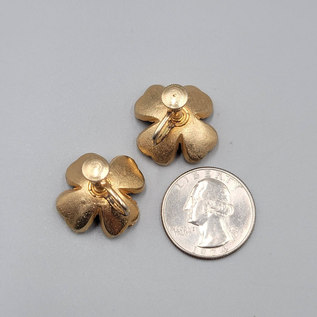 Vintage Flower Clip on Earrings Gold tone Pink Rhinestone Drop 7/8" Screw Back