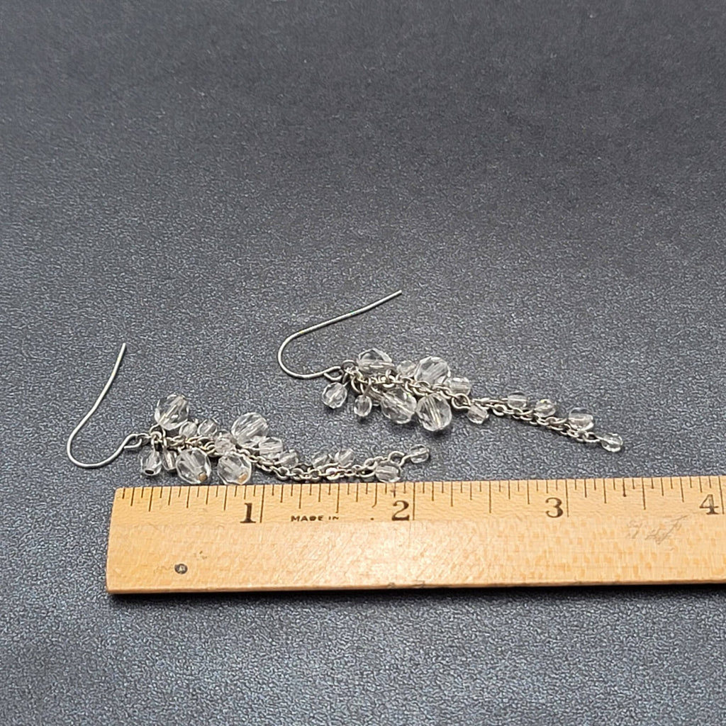 Pierced Earrings Silver tone Clear Bead Cluster Dangle 2.25"