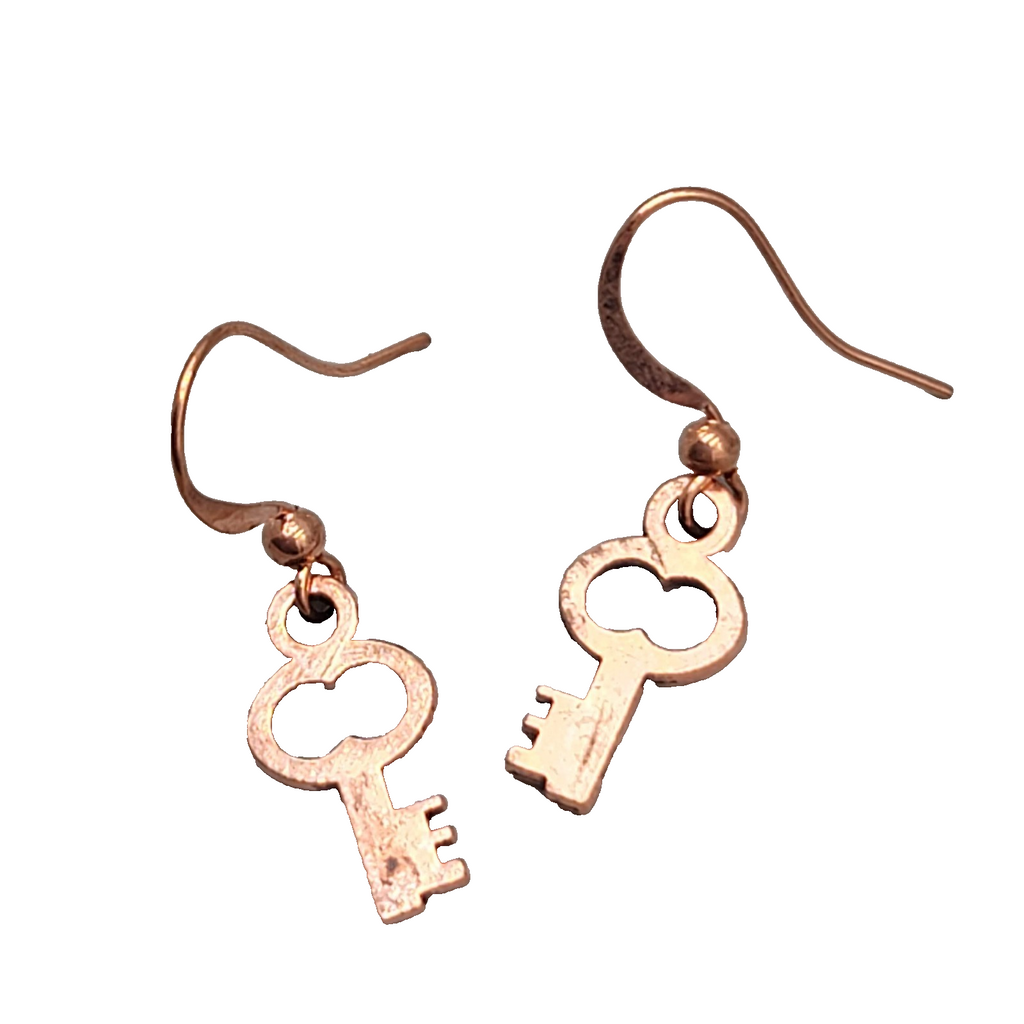 Small Copper tone Skeleton Key Pierced Earrings Dangle 5/8"