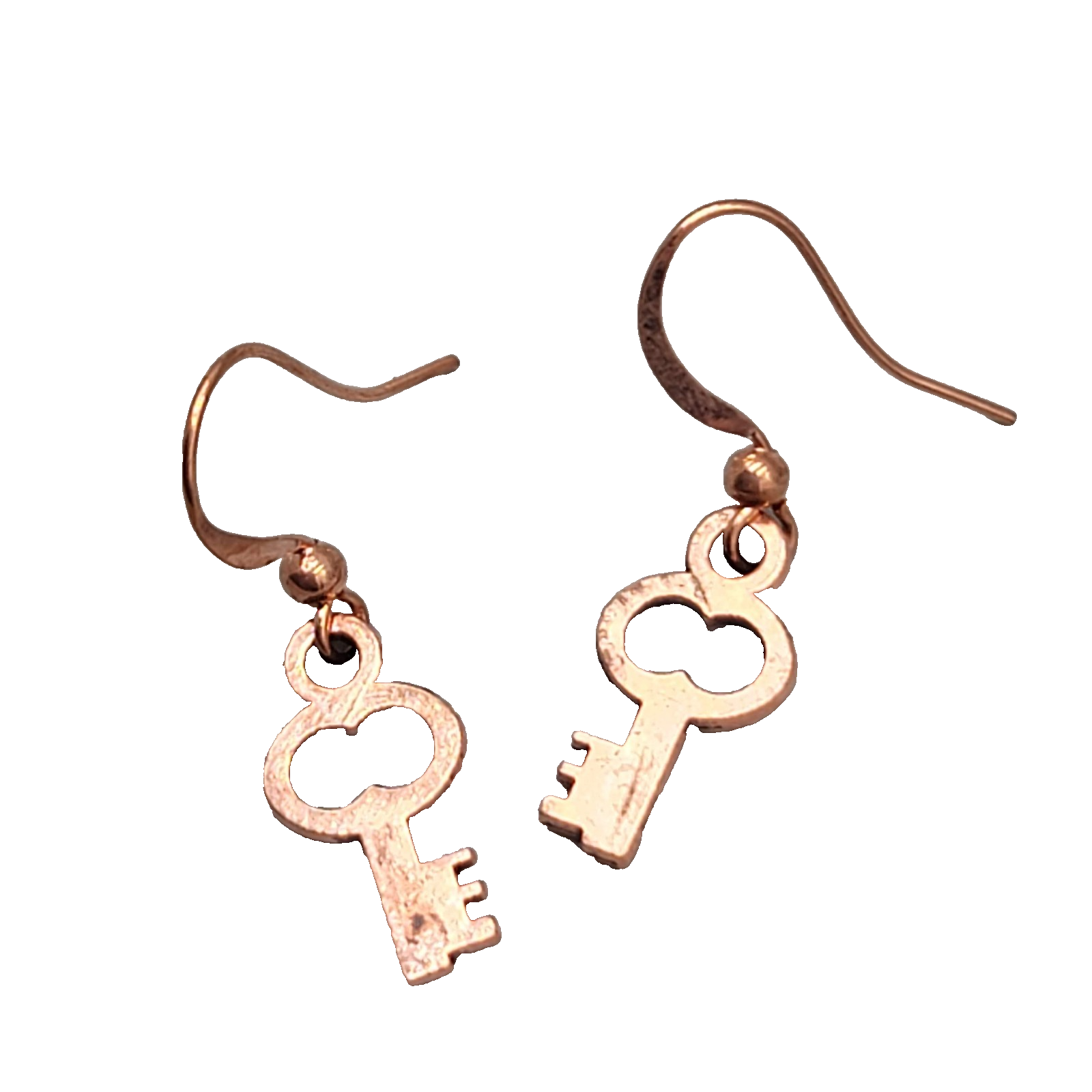 Small Copper tone Skeleton Key Pierced Earrings Dangle 5/8"