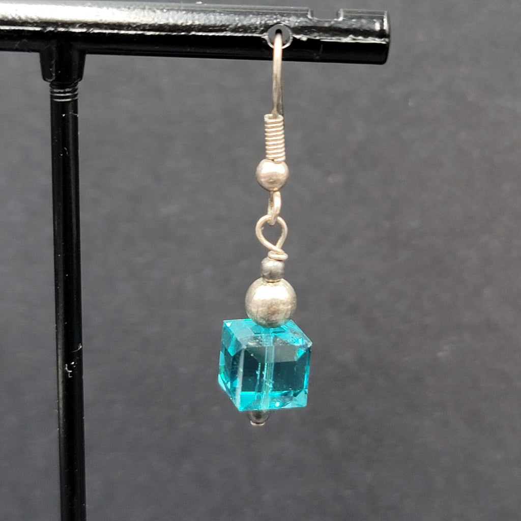 Pierced Earrings Silver tone Square Blue Crystal Bead Dangle 7/8"