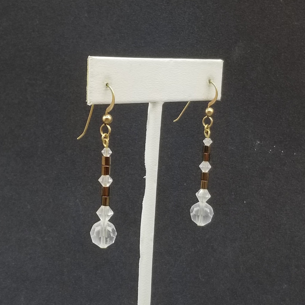 Pierced Earrings Gold tone Faceted Crystal Bead Dangle 1 1/4"