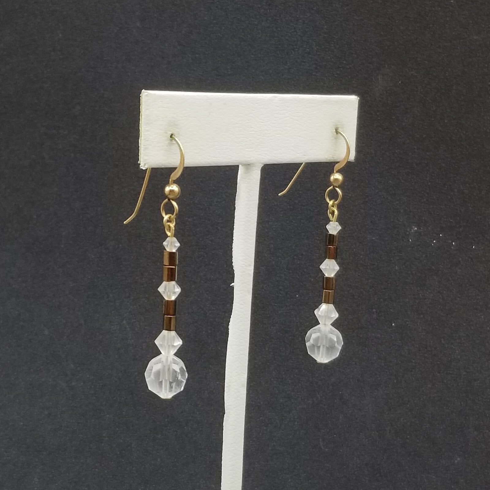 Pierced Earrings Gold tone Faceted Crystal Bead Dangle 1 1/4"