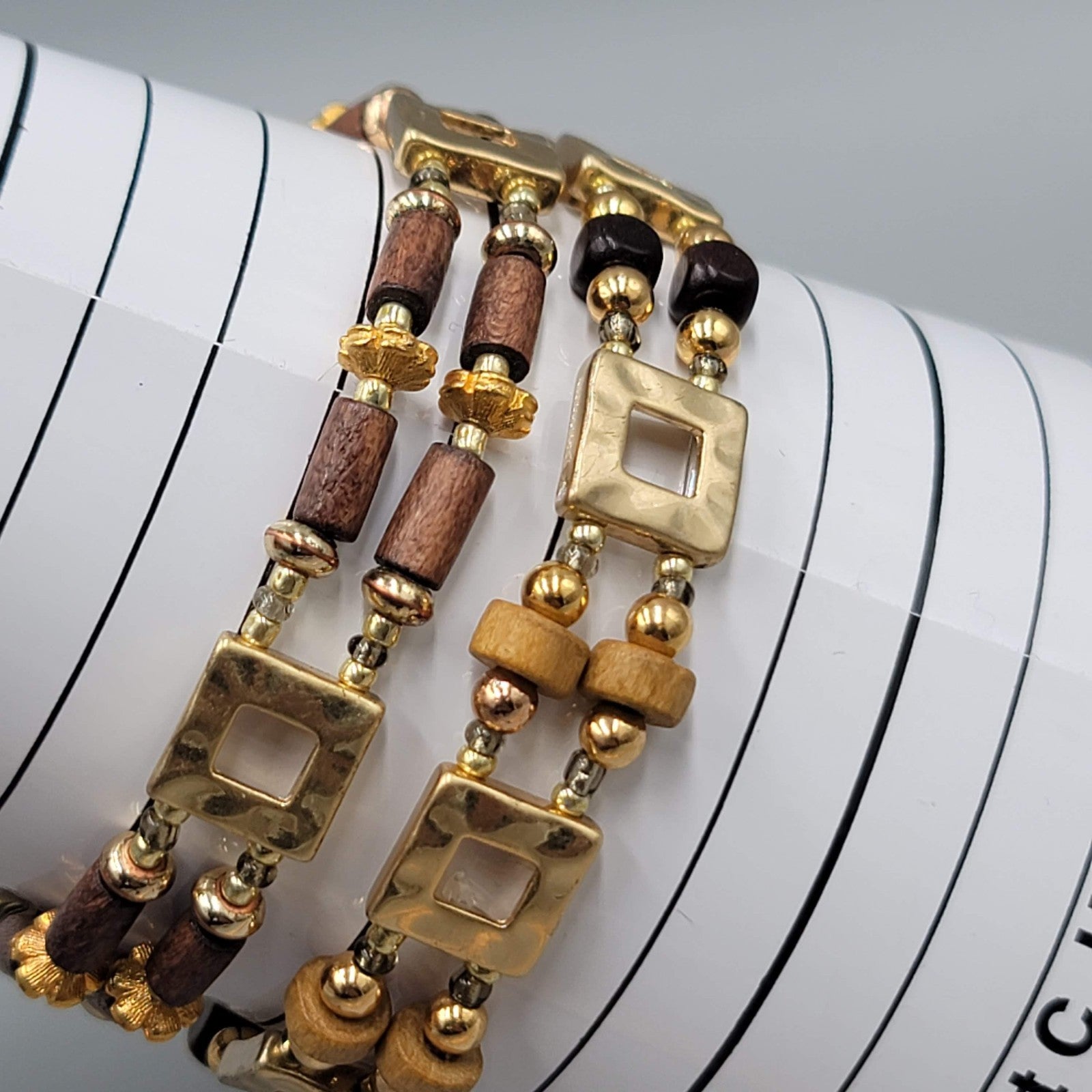 Set of 2 Bracelets Gold tone Wood Bead Elastic 7"