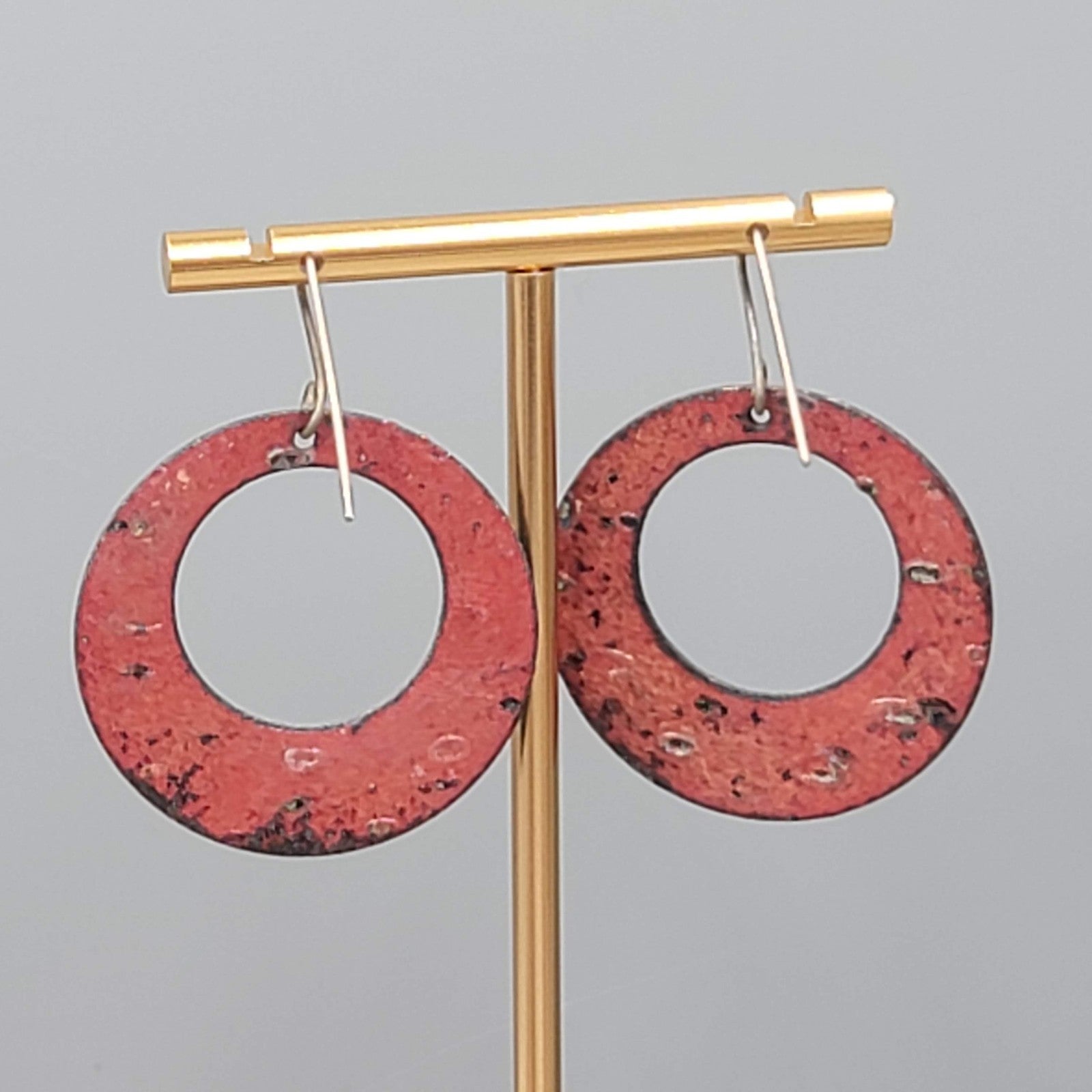 Artisan Vintage Blue Enamel Open Discs Pierced Earrings Round Dangle 1.5"