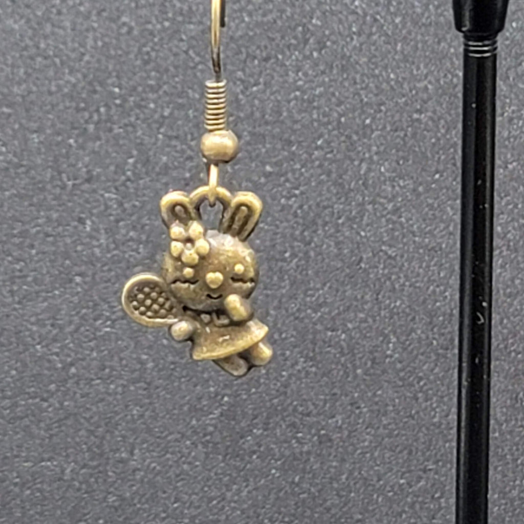 New Pierced Earrings Bronze tone Bunny Rabbit Tennis Dangle 5/8"