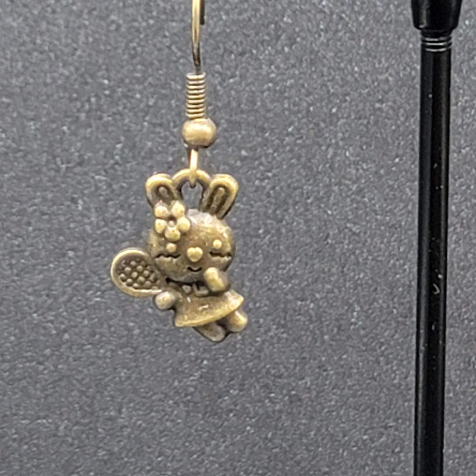 New Pierced Earrings Bronze tone Bunny Rabbit Tennis Dangle 5/8"