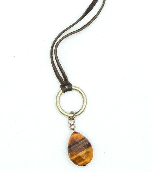 Signed NYGARD Tigers Eye Stone Pendant Necklace Suede Leather Cord 18" - 20"