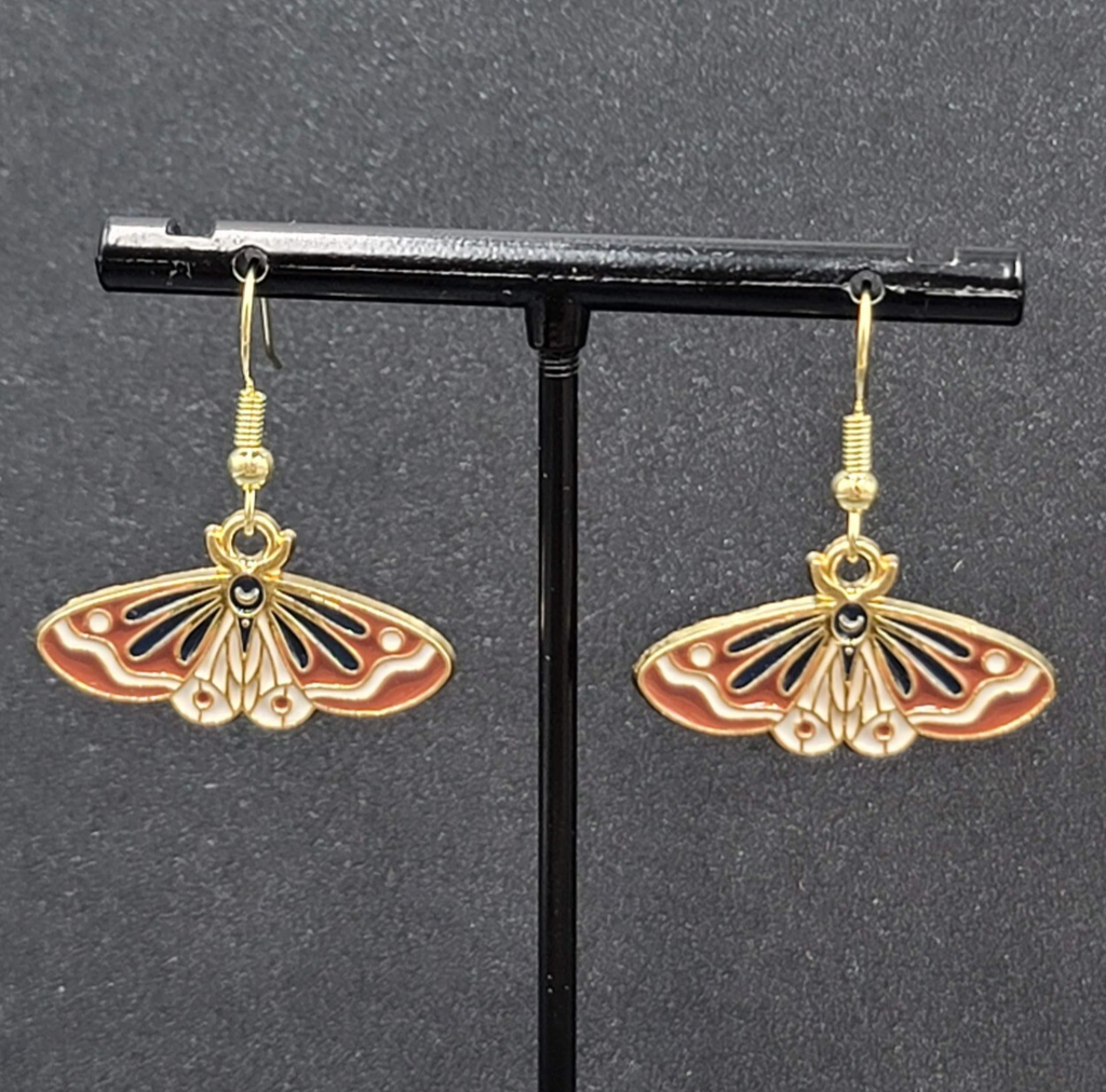 Moth Pierced Earrings Gold tone Brown Black Enamel Dangle 1/2"