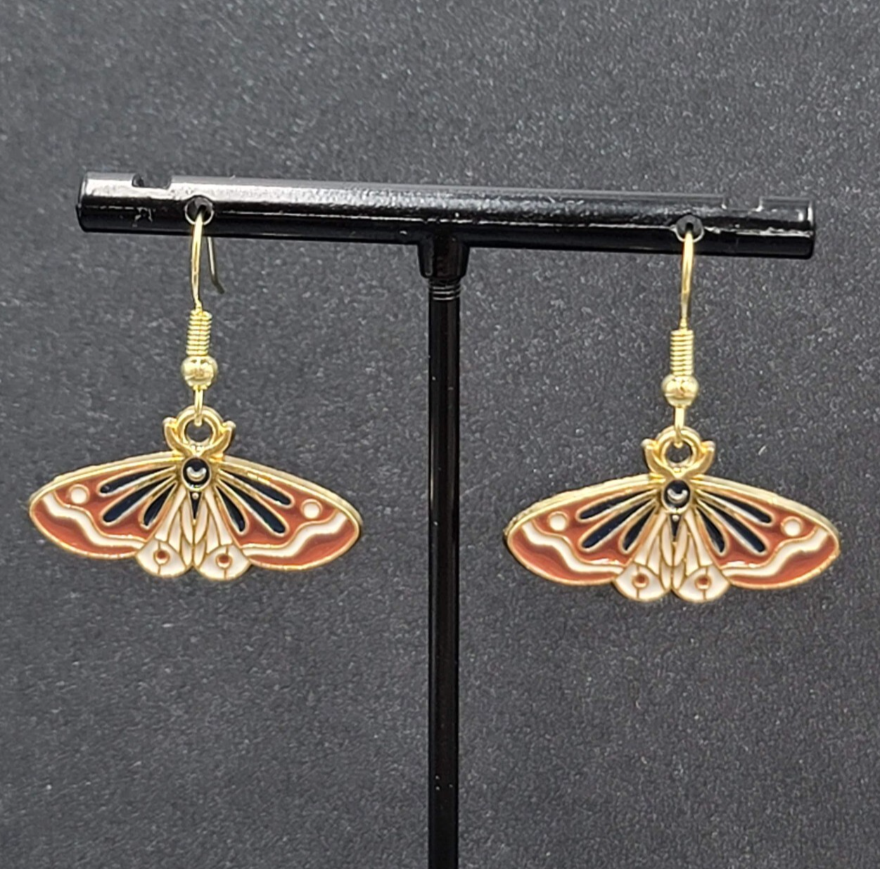 Moth Pierced Earrings Gold tone Brown Black Enamel Dangle 1/2"
