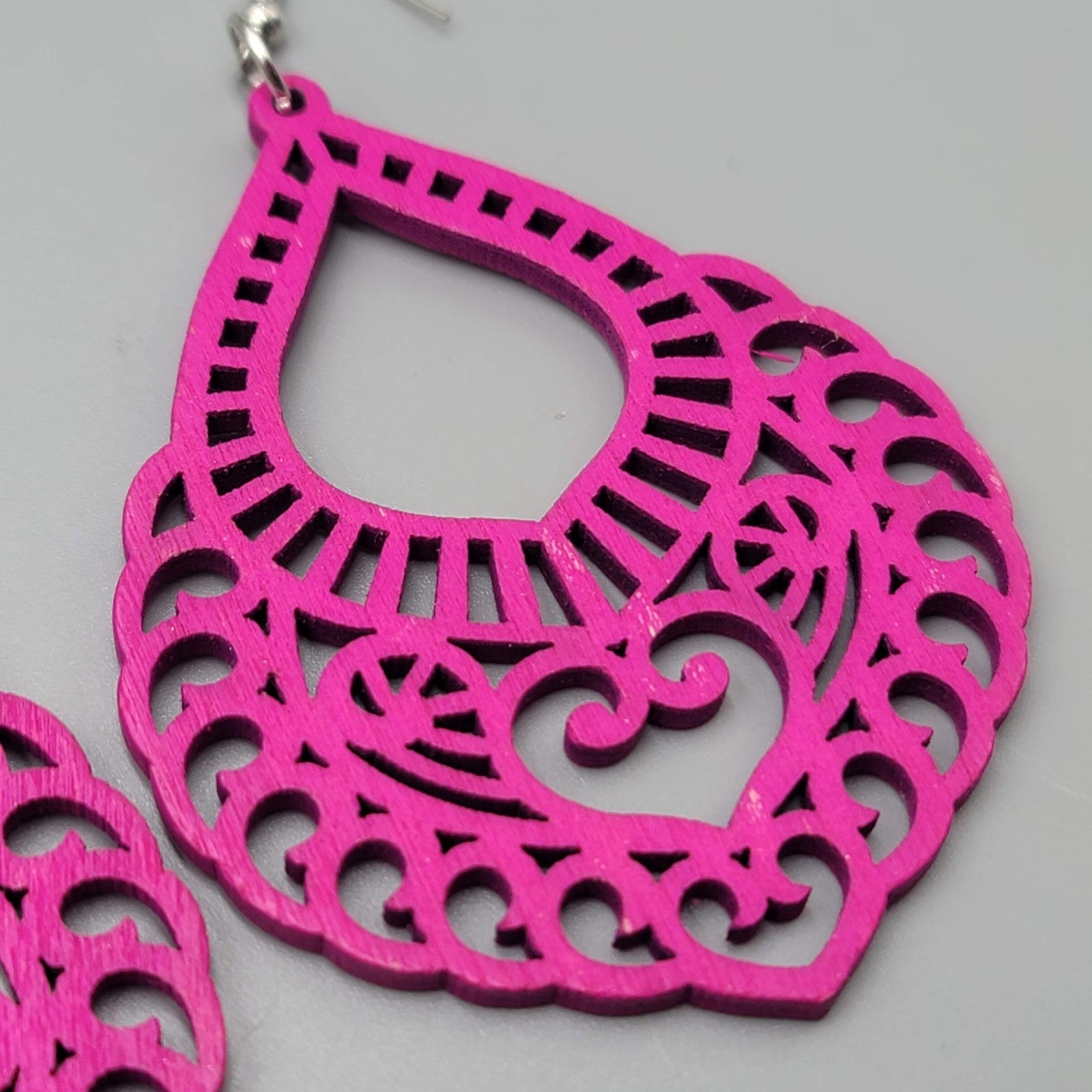 Bright Pink Wood Boho Pierced Earrings Large Statement Silver tone Dangle 3"