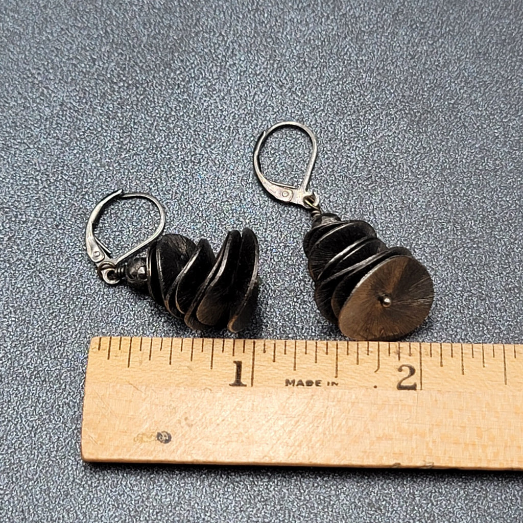 Pierced Earrings Black Metal Layered Wavy Discs Dangle 1 1/8"