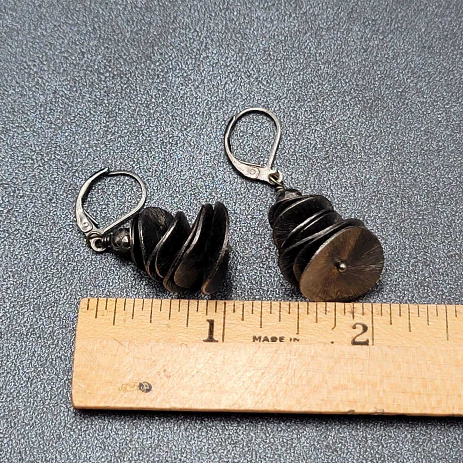 Pierced Earrings Black Metal Layered Wavy Discs Dangle 1 1/8"