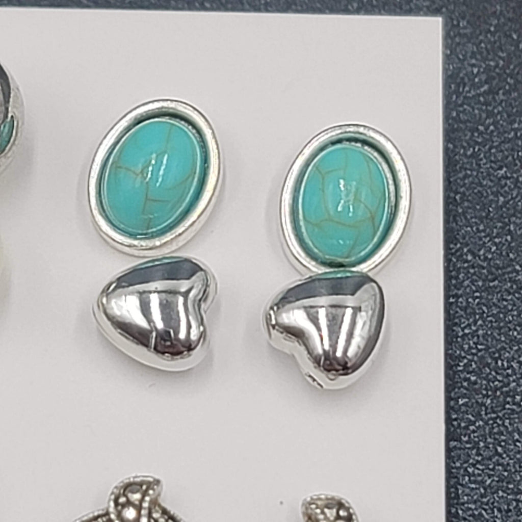 Lot of 8 Pierced Earrings Silver tone Studs Faux Turquoise Heart Marcasite
