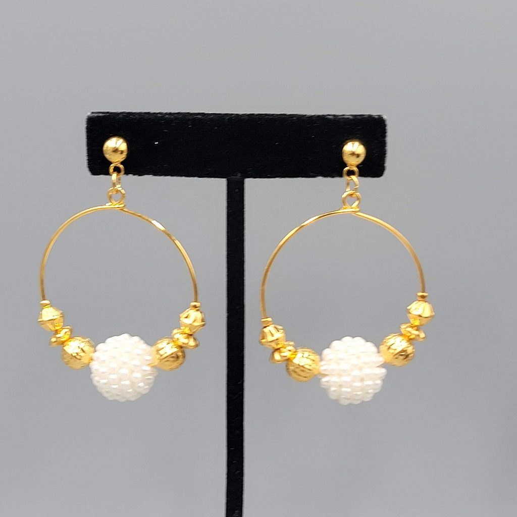 Beaded Hoops Pierced Earrings Gold tone Dangle 2"