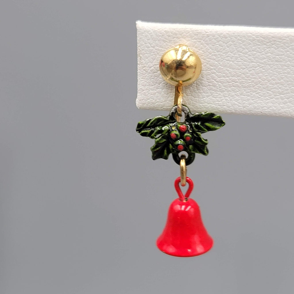 Vintage Christmas Clip on Earrings Gold tone Dangle Holly Jingle Bells 1.25 in