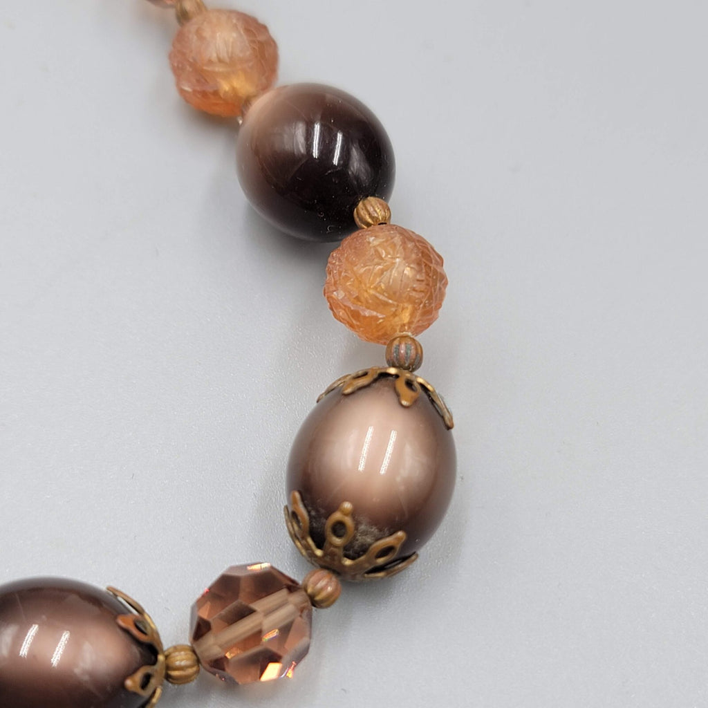 Vintage Lisner Necklace Brown Moon Glow Molded Beads Estate Jewelry 13"-16"