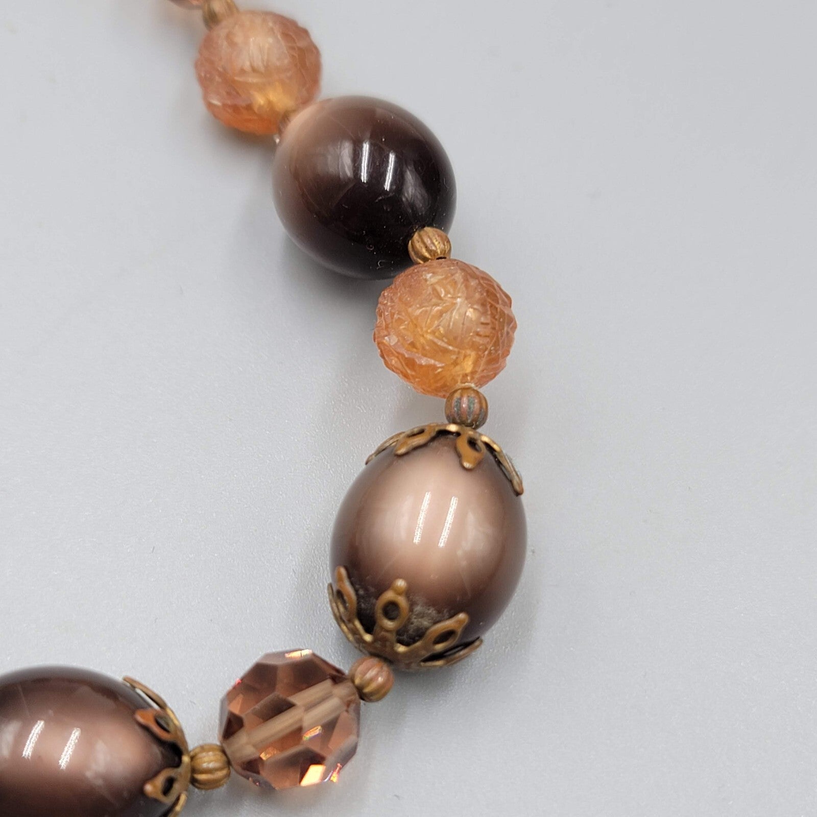 Vintage Lisner Necklace Brown Moon Glow Molded Beads Estate Jewelry 13"-16"