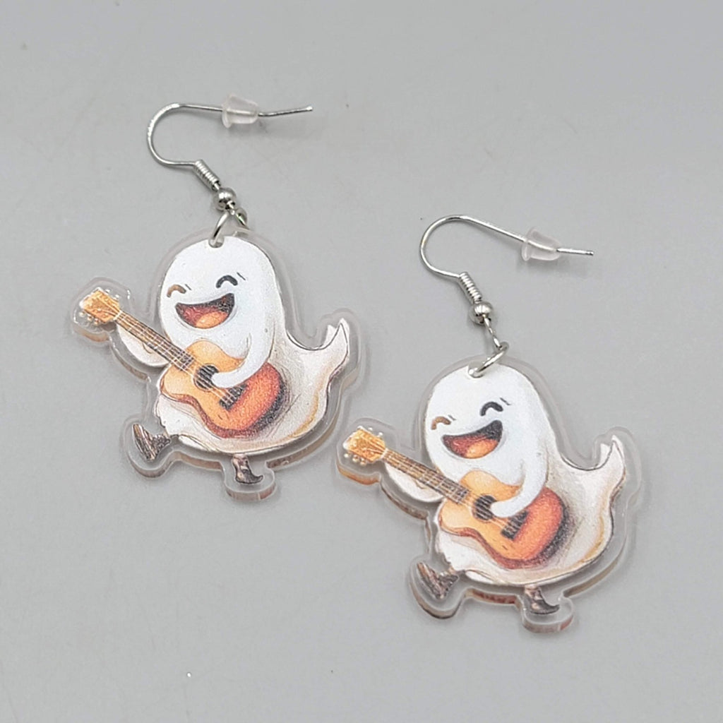 Halloween Ghost Acoustic Guitar Pierced Earrings Silver tone Dangle 1.5 in