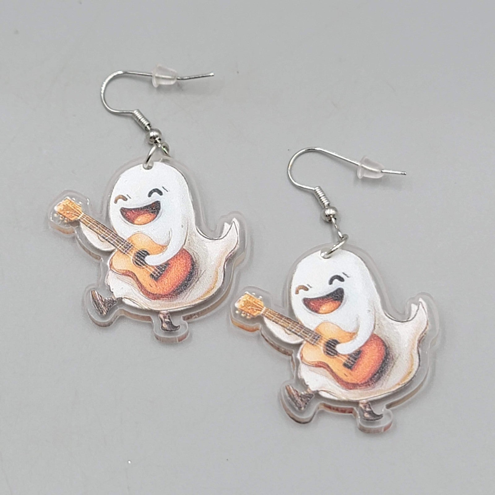 Halloween Ghost Acoustic Guitar Pierced Earrings Silver tone Dangle 1.5 in