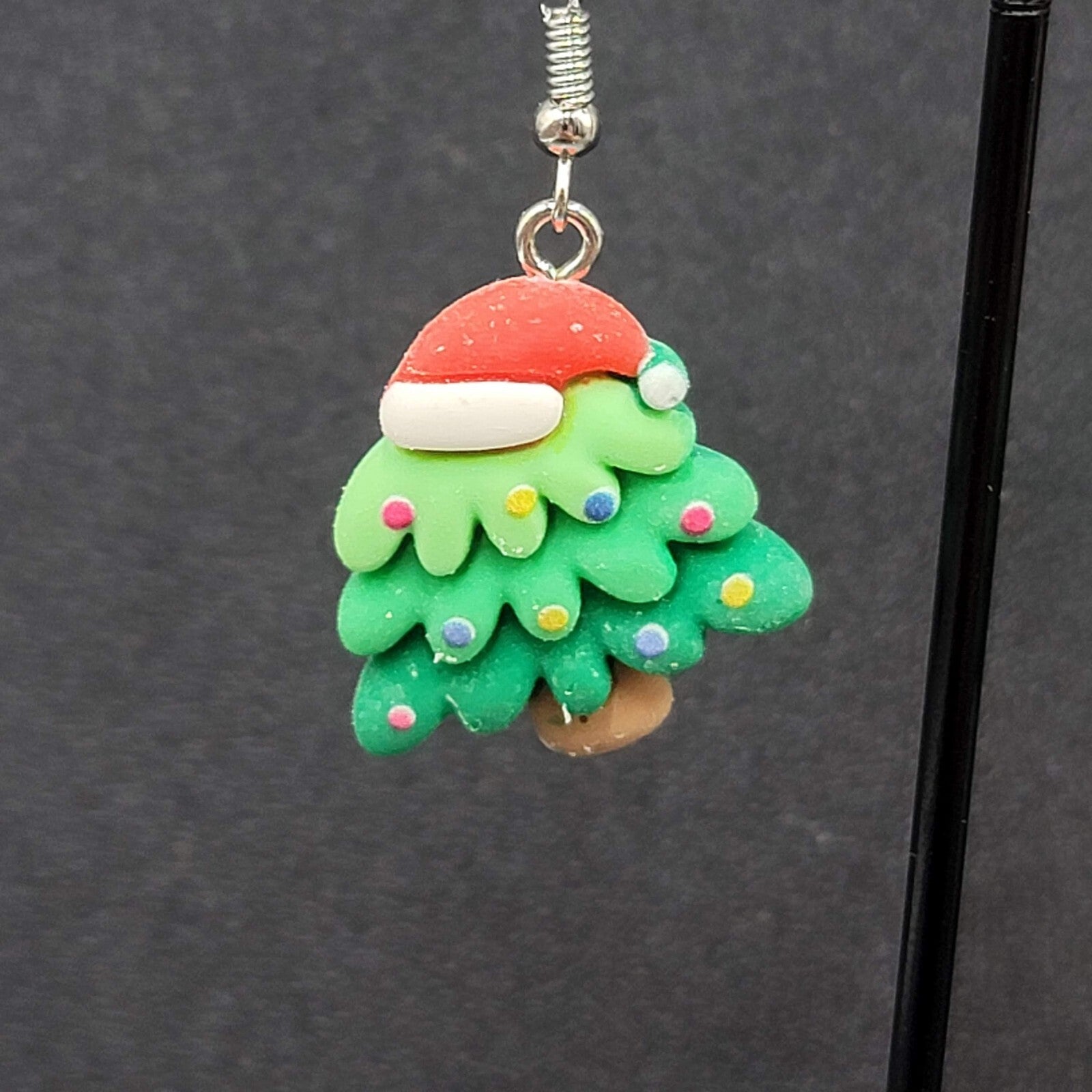 Christmas Tree Pierced Earrings Puffy 3D Dangle 1 1/8"