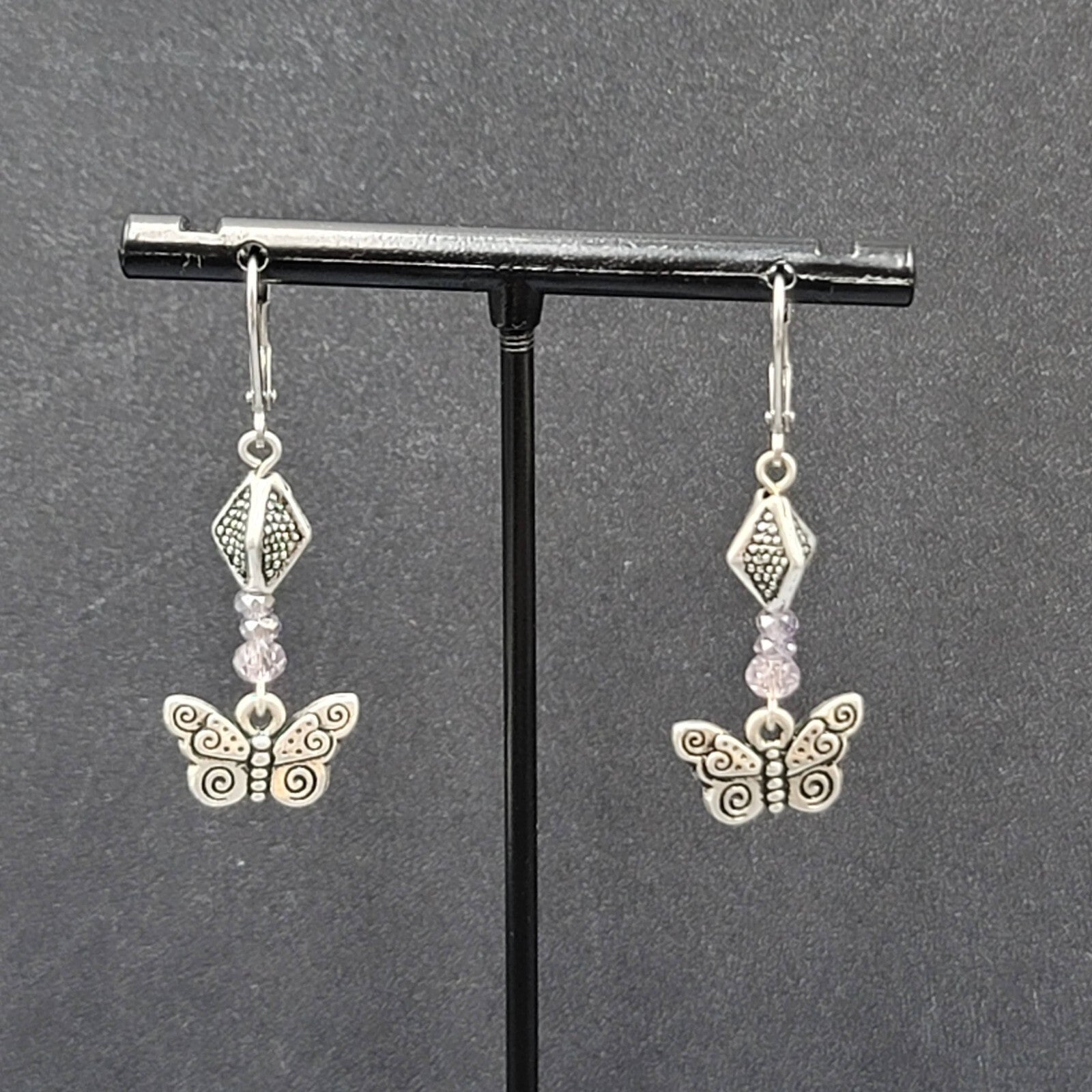 Butterfly Pierced Earrings Silver tone Purple Crystal Bead Dangle 1.25"