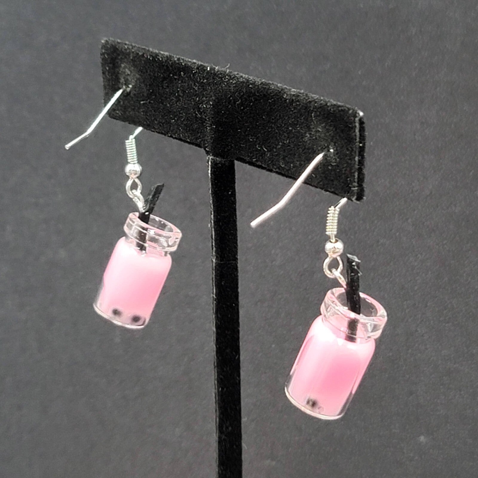 Pierced Earrings Pink Boba Tea Drink with Straw Novelty Dangle 1"