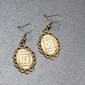 Pierced Earrings Bronze tone Glass Cabochon Vintage Quilt Patterns 1.25"