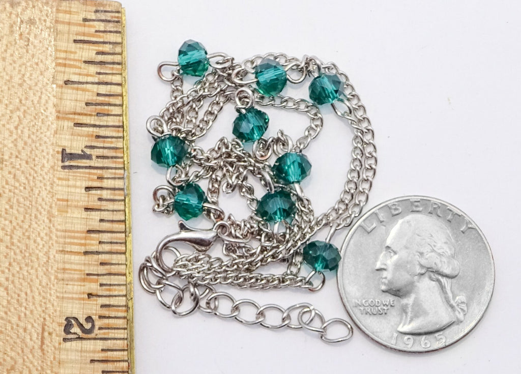 Vintage Silver tone Green Crystal Bead Chain Link Bracelet 7" - 8 .5"