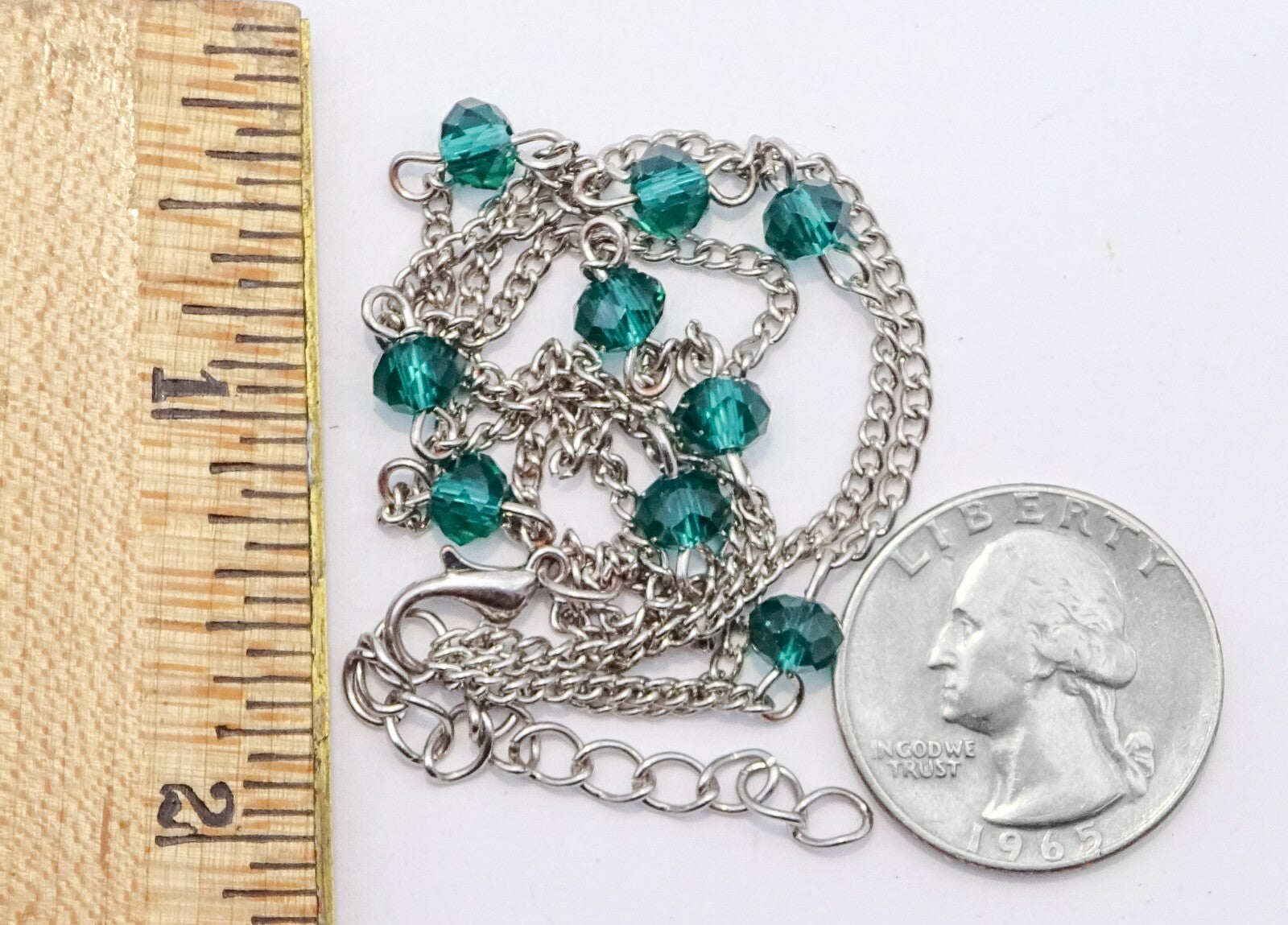 Vintage Silver tone Green Crystal Bead Chain Link Bracelet 7" - 8 .5"