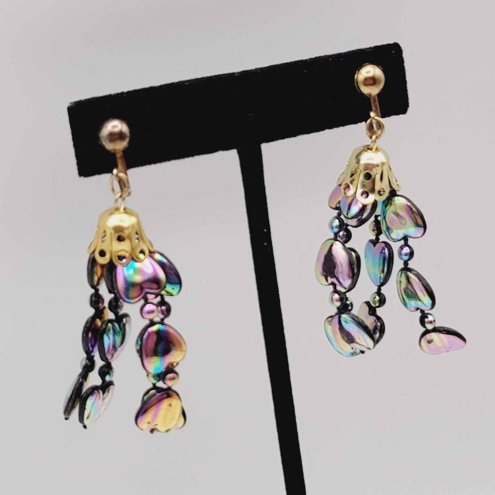 Vintage Rainbow Hearts Clip on Earrings Gold tone Dangle 2 in