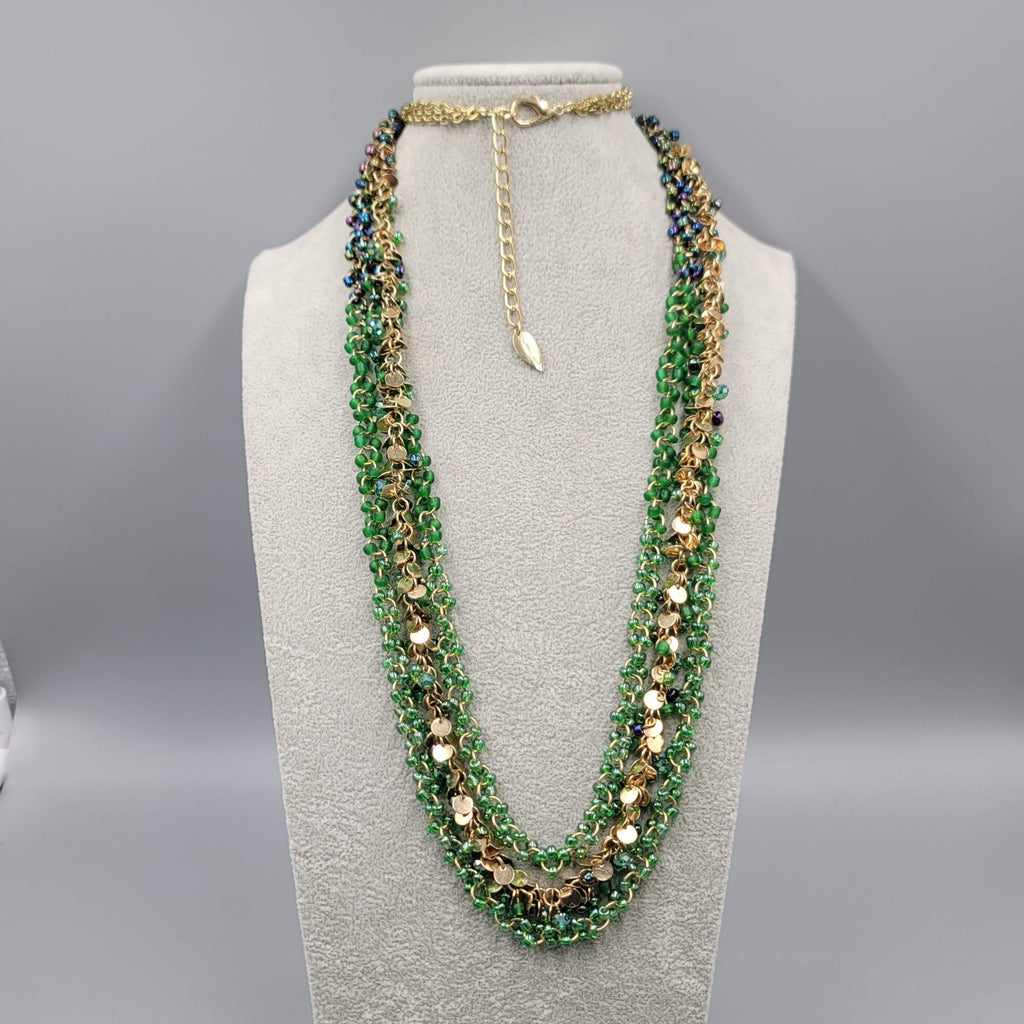 Coldwater Creek Necklace Gold tone Green Glass Beads LONG 36"