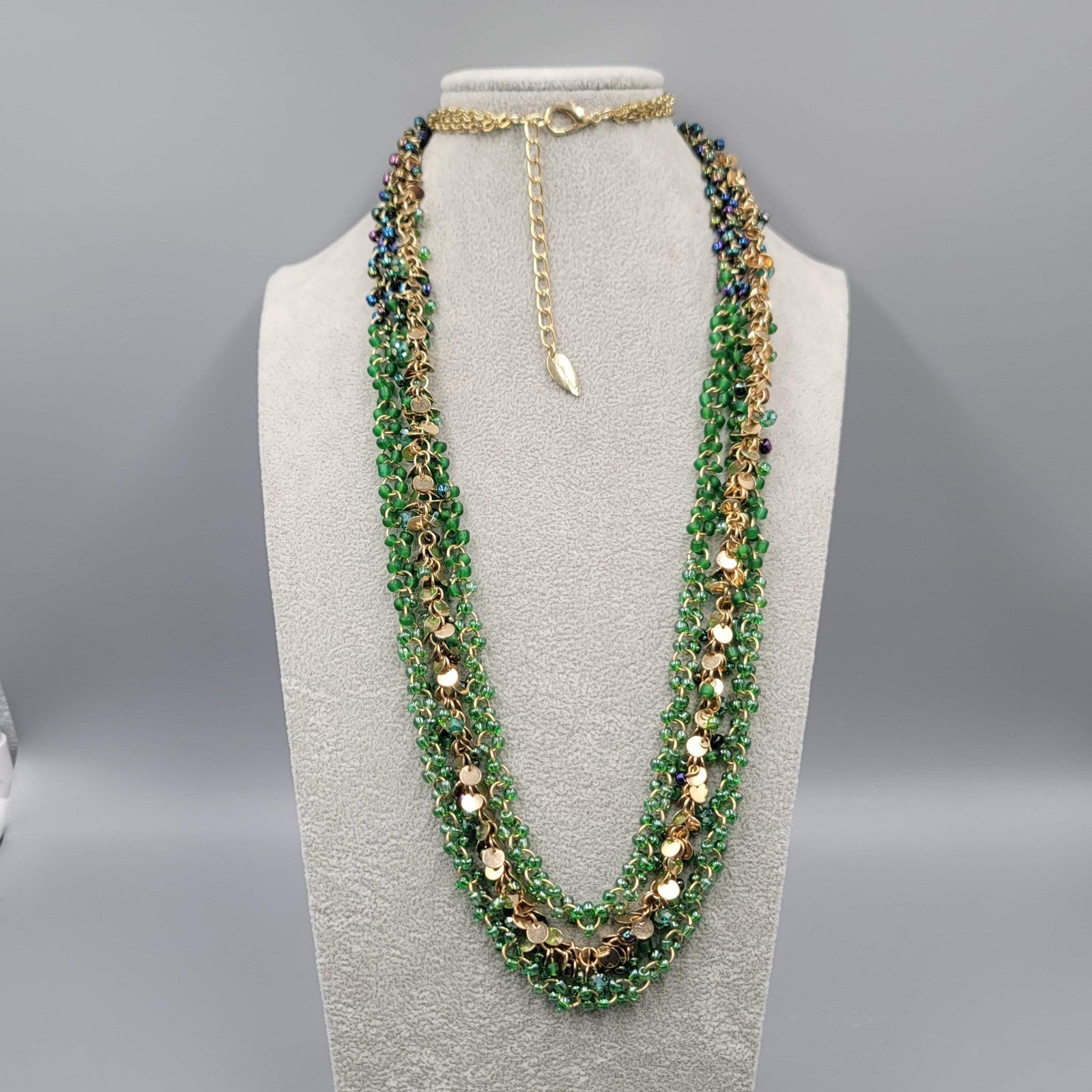 Coldwater Creek Necklace Gold tone Green Glass Beads LONG 36"