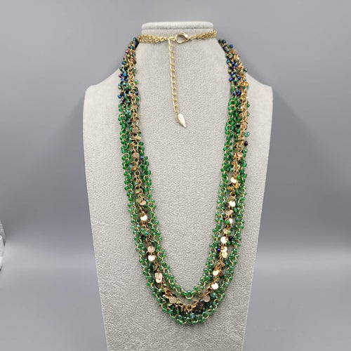 Coldwater Creek Necklace Gold tone Green Glass Beads LONG 36"