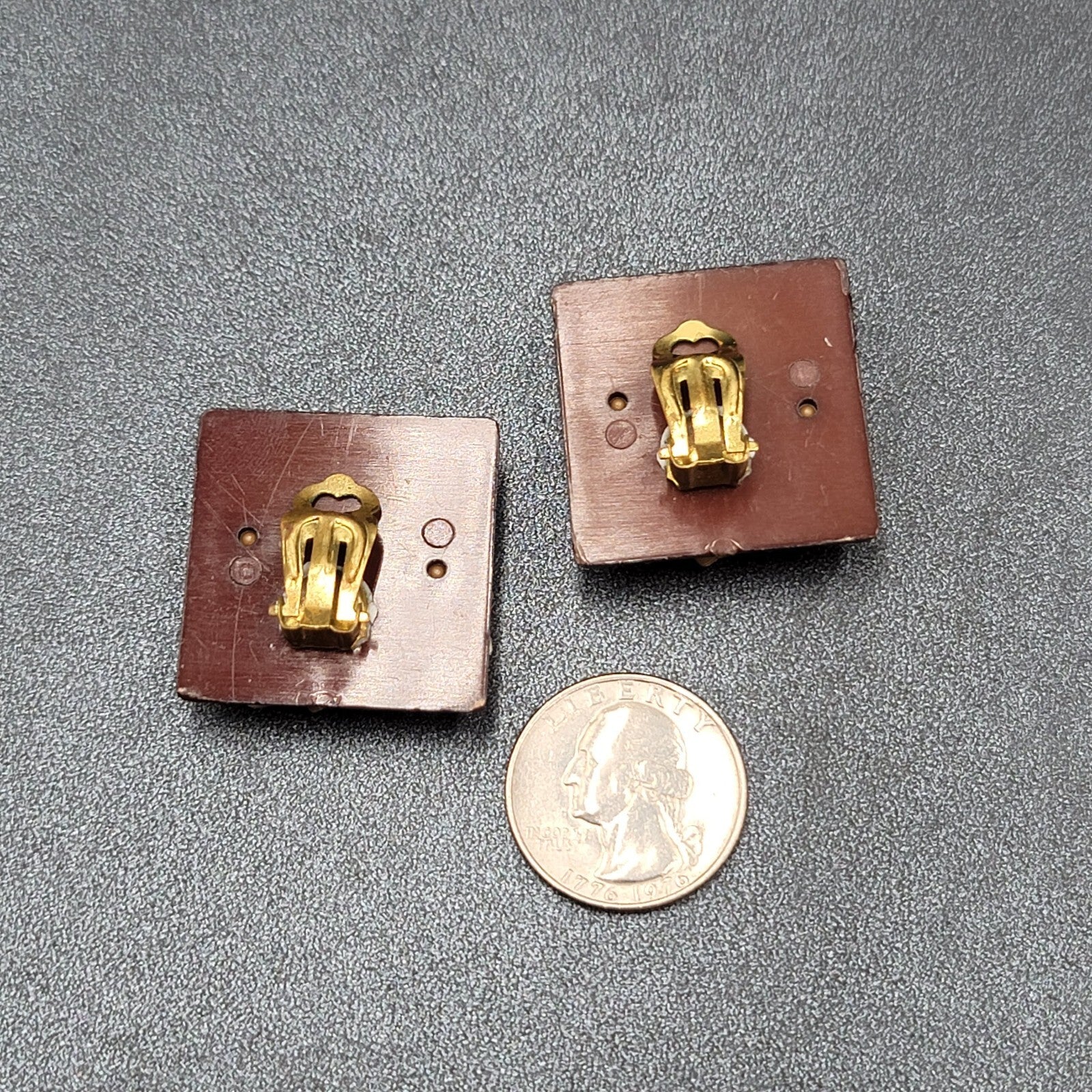 Vintage Clip on Earrings Plastic Layered Squares Brown Tan 1.25"
