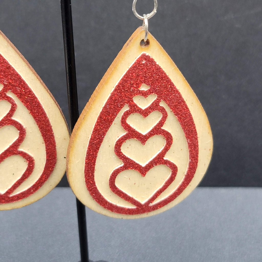 Pierced Earrings Laser Cut Wood Teardrop Red Glitter Hearts Dangle 2.25"