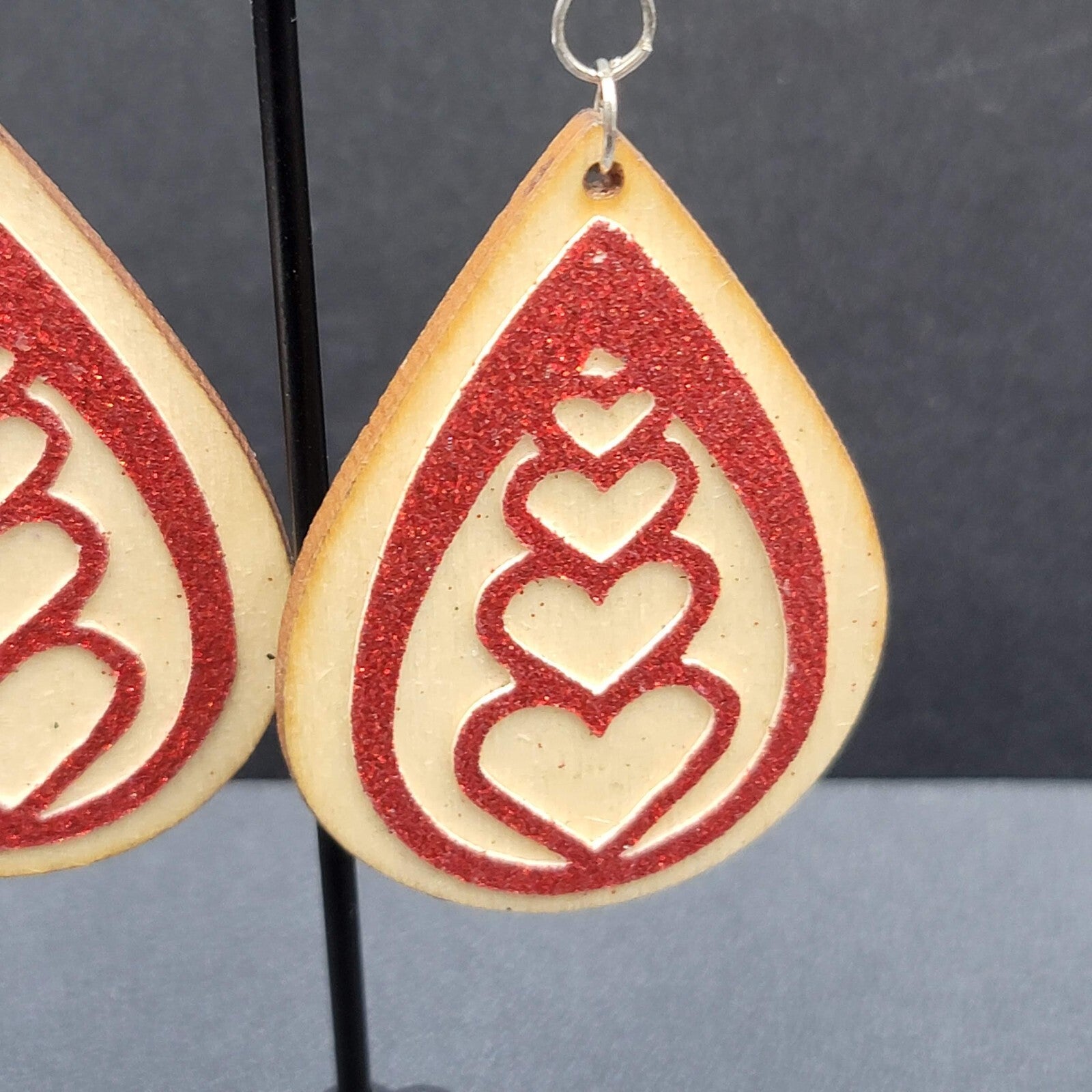 Pierced Earrings Laser Cut Wood Teardrop Red Glitter Hearts Dangle 2.25"