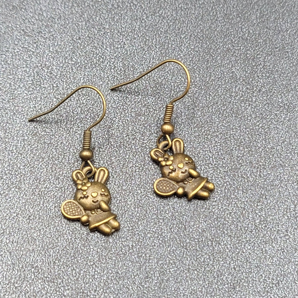 New Pierced Earrings Bronze tone Bunny Rabbit Tennis Dangle 5/8"