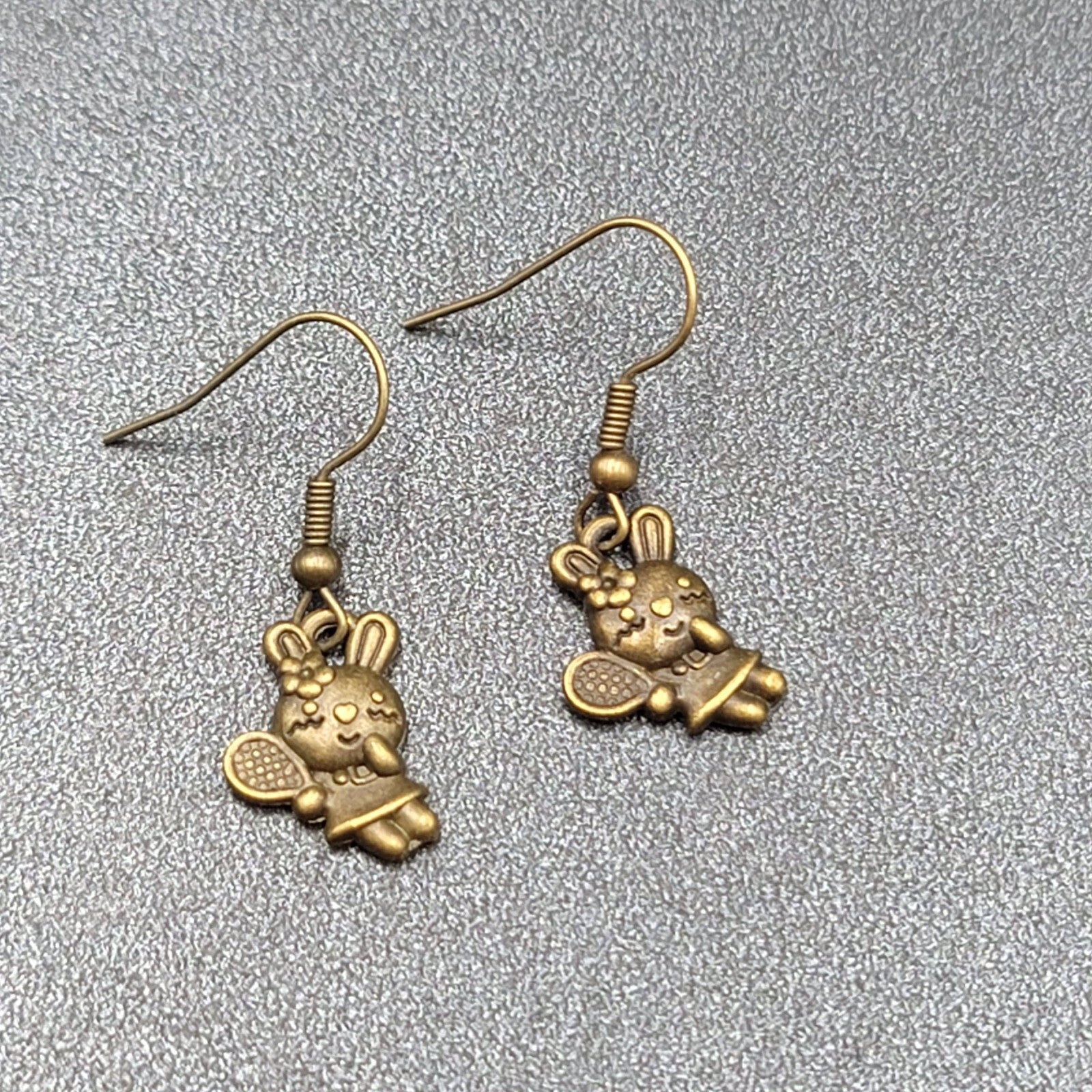 New Pierced Earrings Bronze tone Bunny Rabbit Tennis Dangle 5/8"