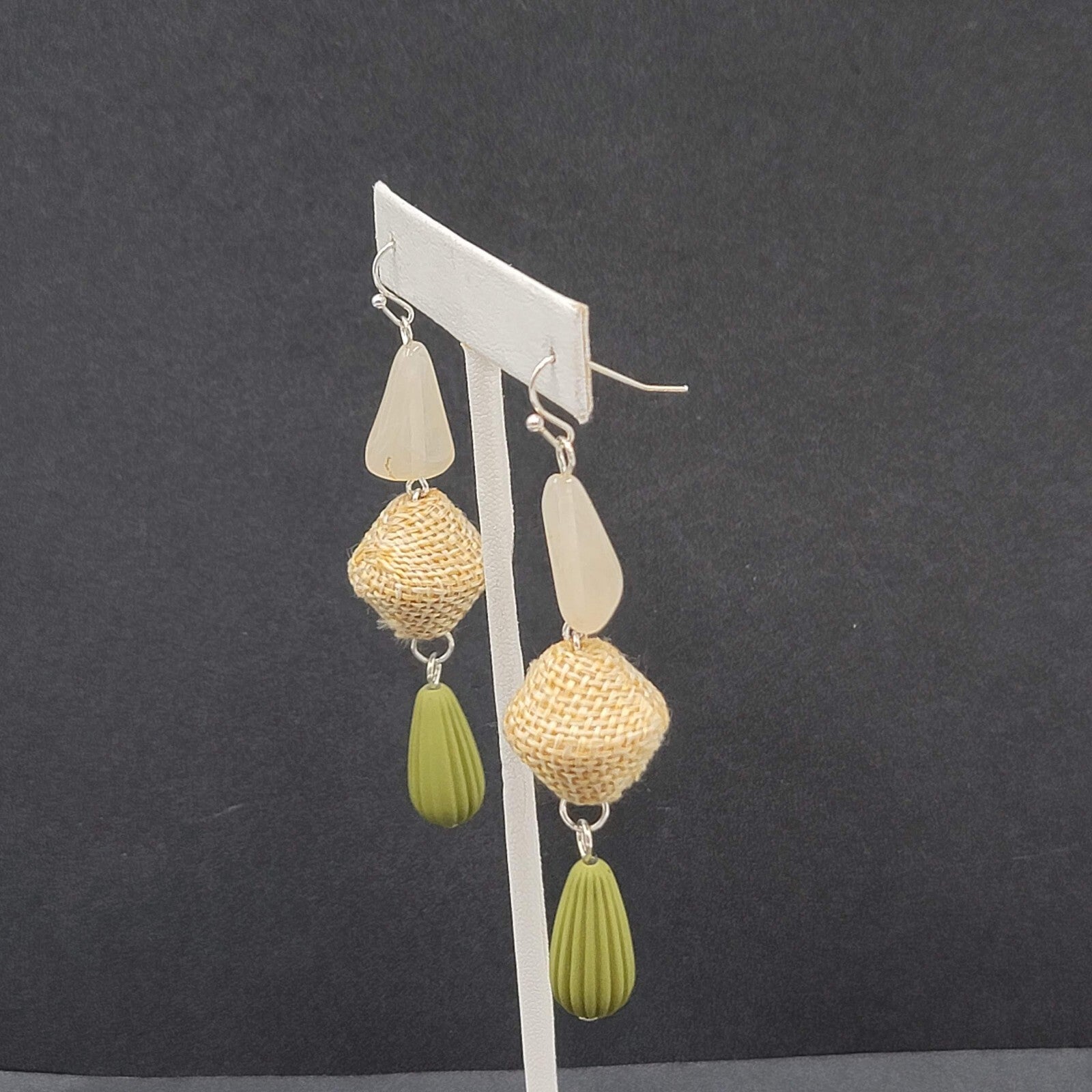 Boho Pierced Earrings Silver tone Acrylic Bead Canvas Dangle 3"