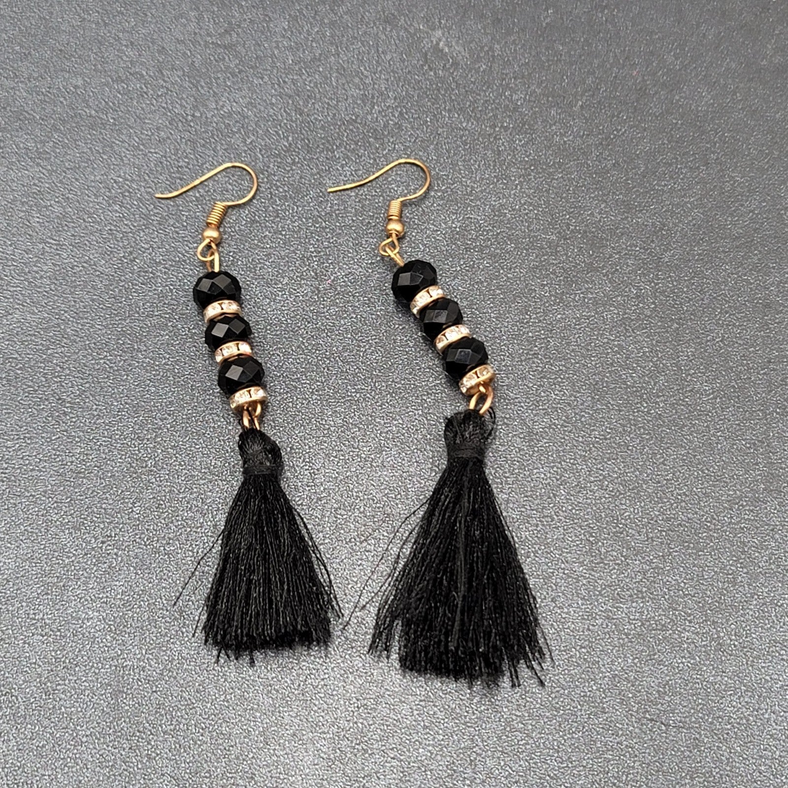 Black Tassel Pierced Earrings Gold tone Rhinestone Beads 3"