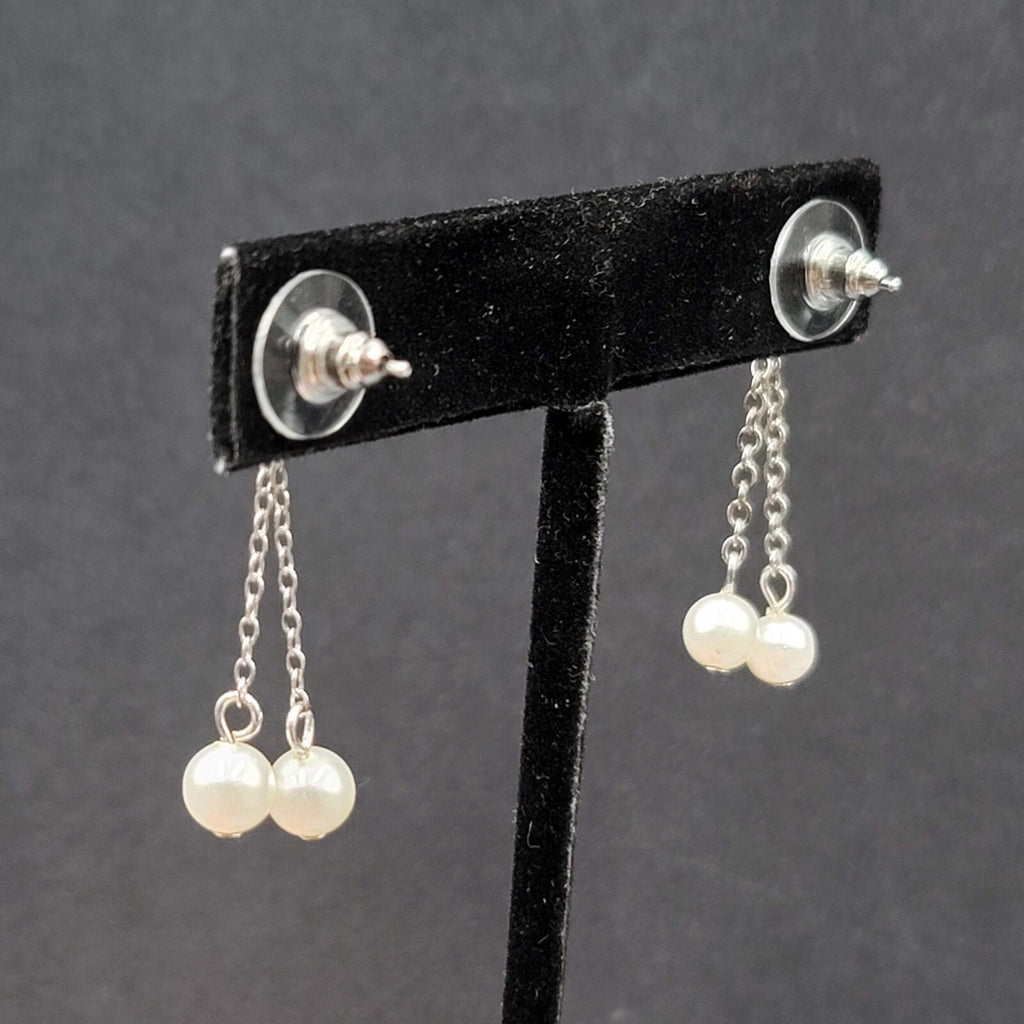Vintage Pierced Earrings Silver tone White Bead Dangle Chains 1 3/8"