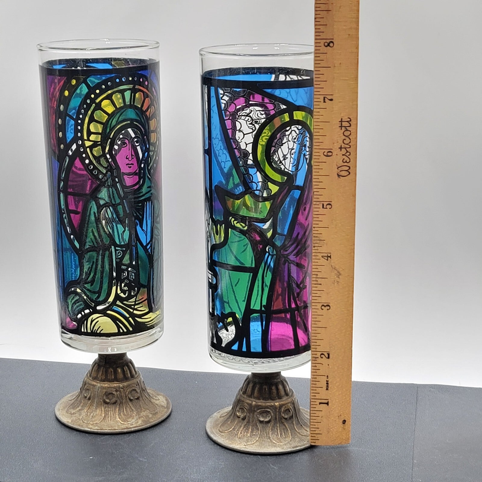 Stained Glass Mosaic Look Candle Holders Brass Base Nu Trend Religious Set of 2