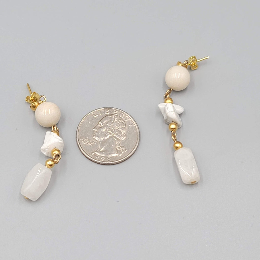Vintage Pierced Earrings Gold tone White Stone Bead 2.25"