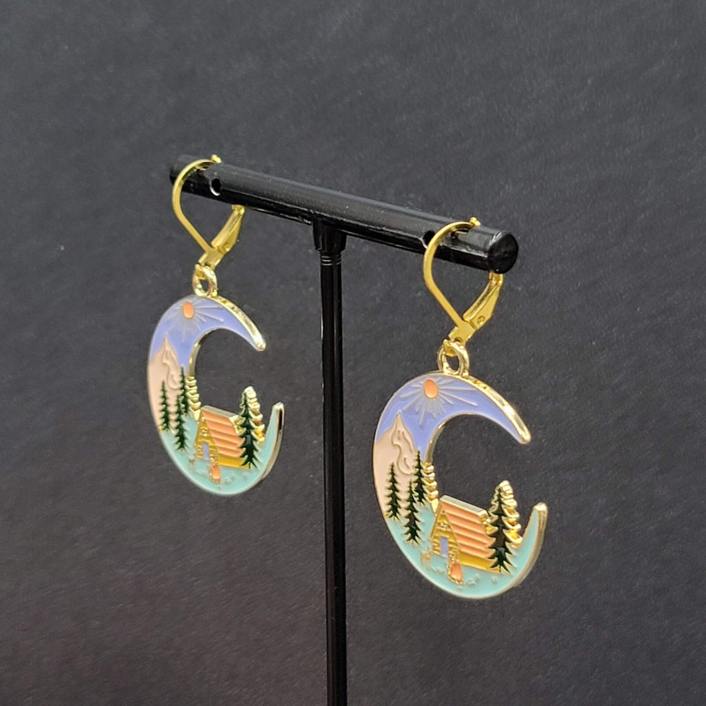 New Camping Scene Pierced Earrings Gold tone Enamel Dangle Moon Tent 1.25" FS