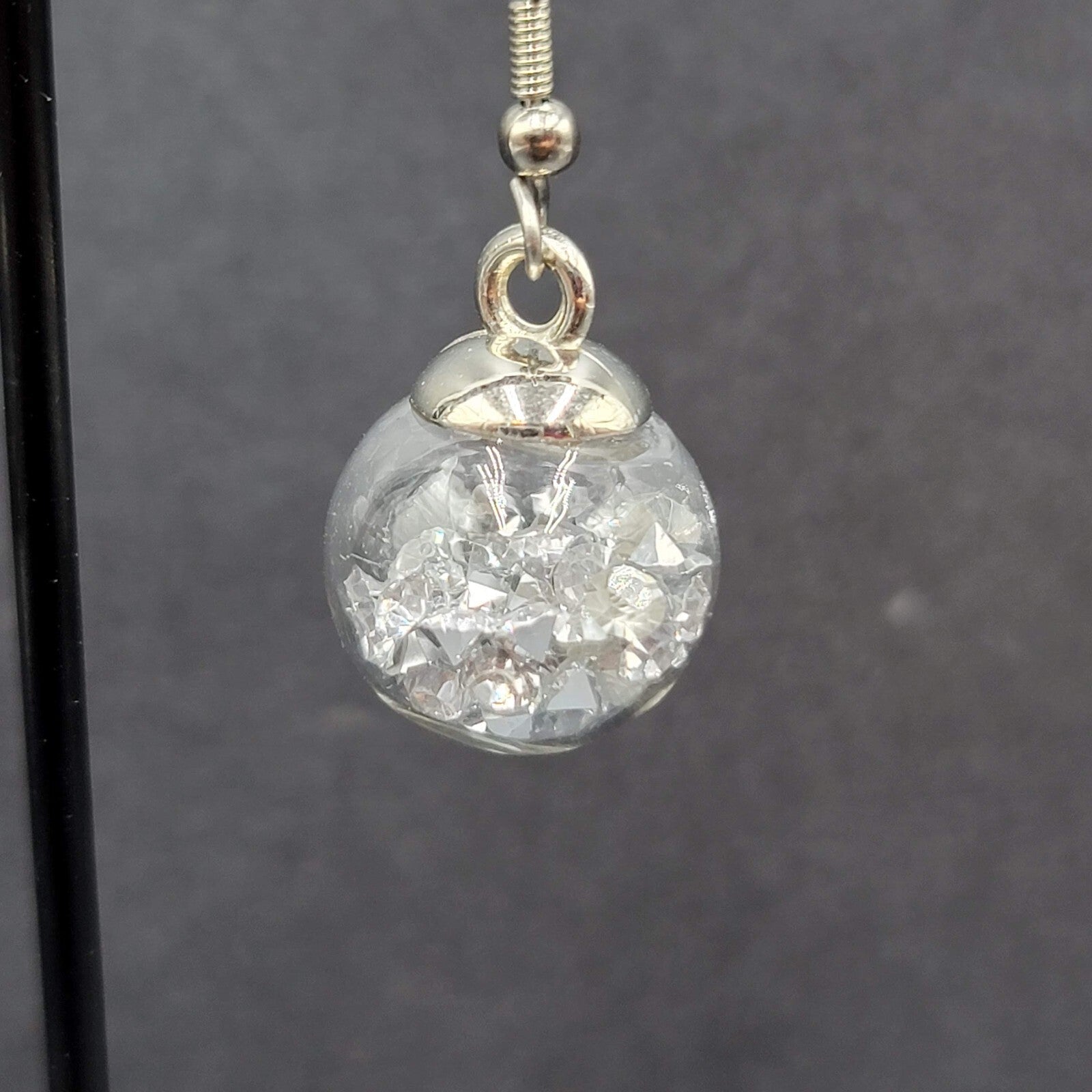 Pierced Earrings Silver tone Loose Clear Rhinestones Filled Sphere Dangle 3/4"