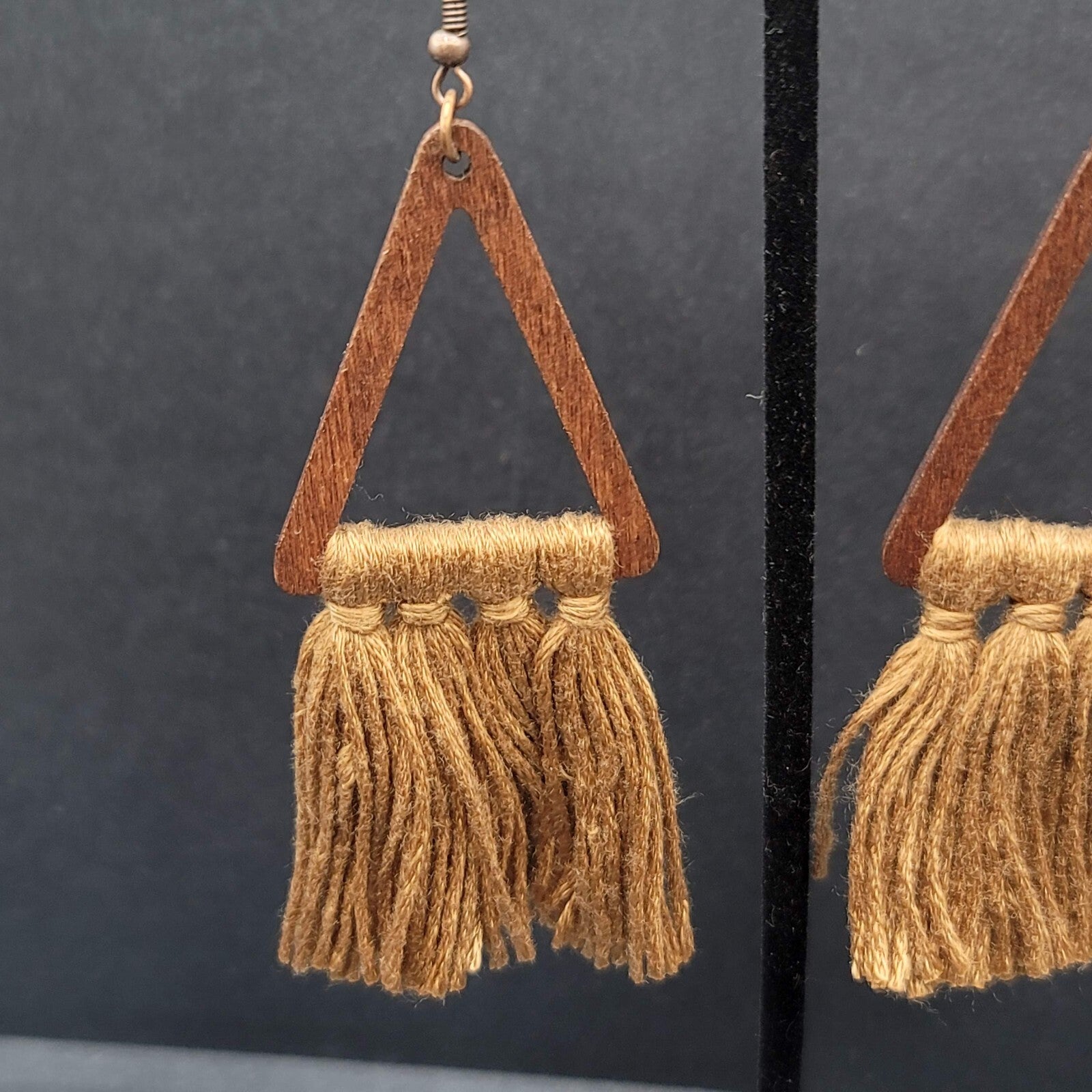 New Boho Pierced Earrings Wood Triangle Gold Brown Tassel Statement 3"