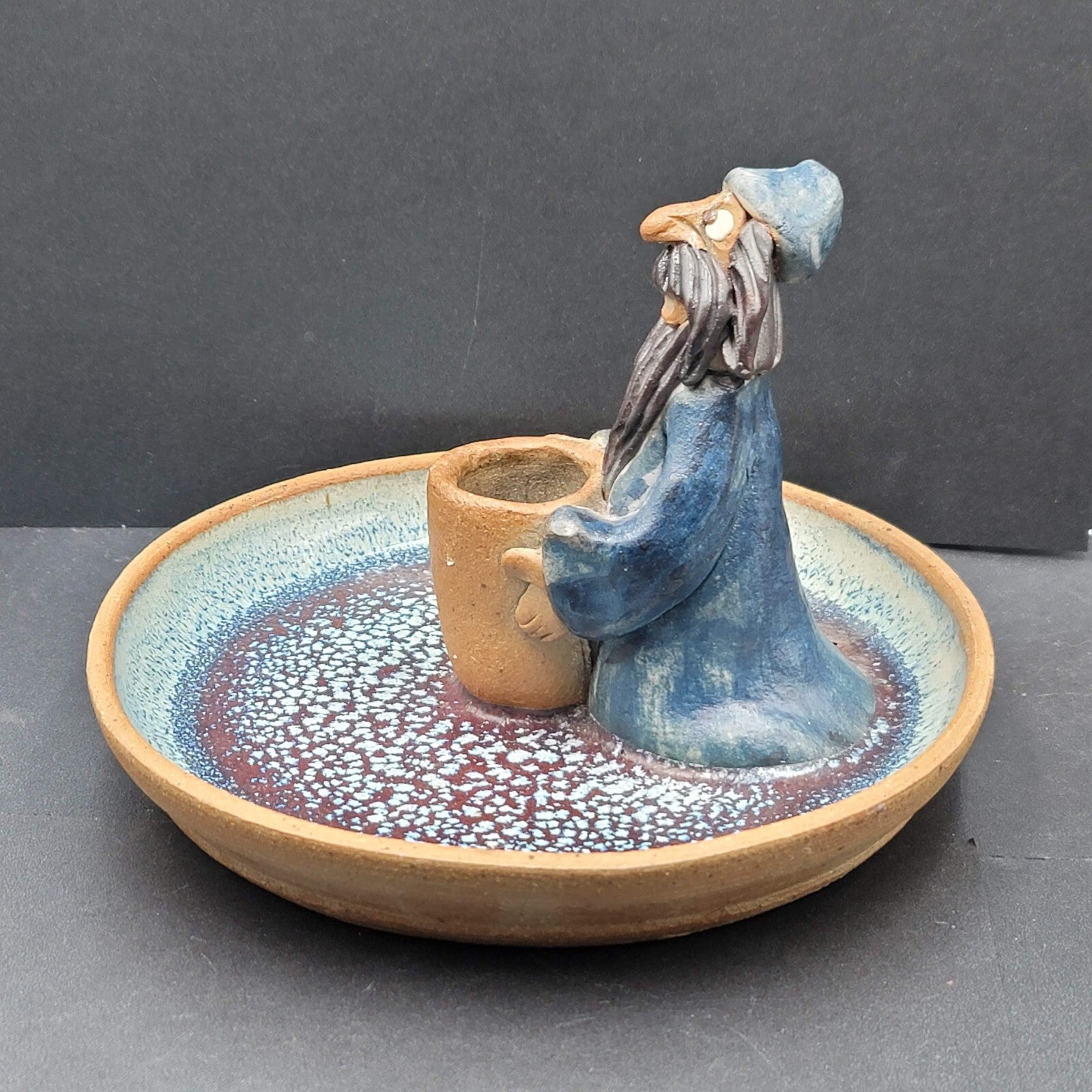 Vintage Folk Art Pottery Wizard Warlock Candle Holder Dish 7.5"