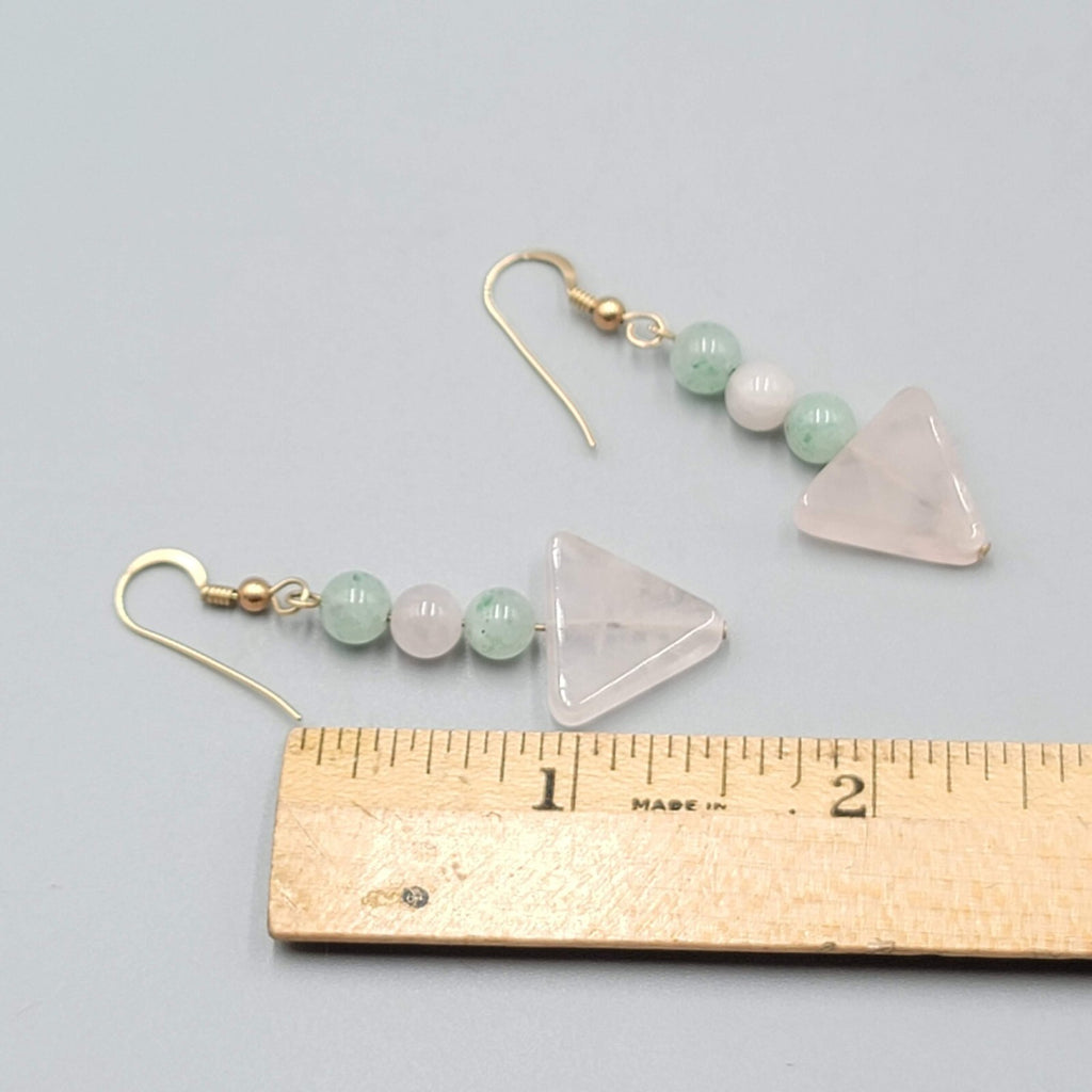 Pink Green Quartz Bead Pierced Earrings Gold tone Dangle 1.5"