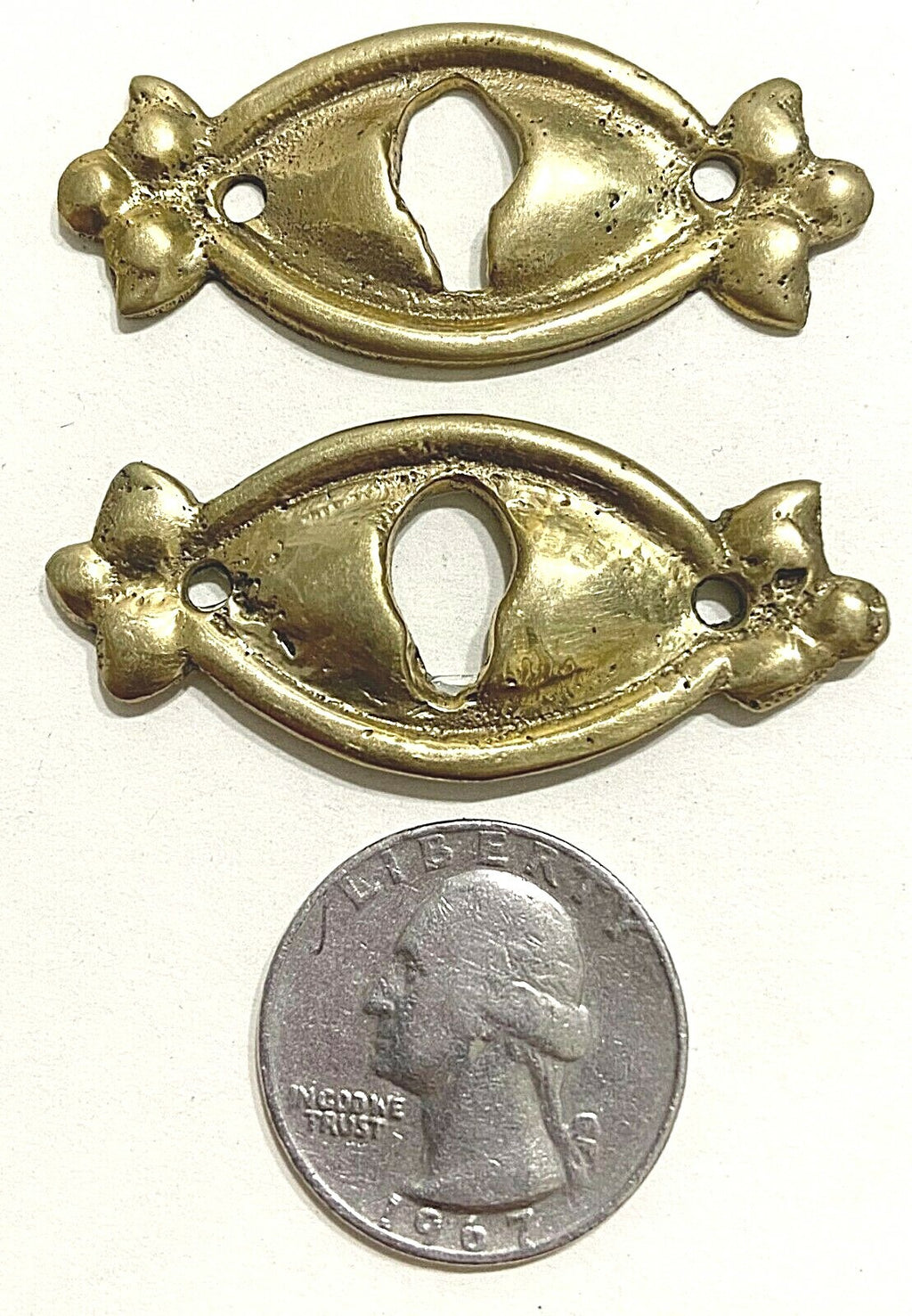 PAIR (2) Vintage Brass Skeleton Key hole Escutcheon 2" x 7/8"